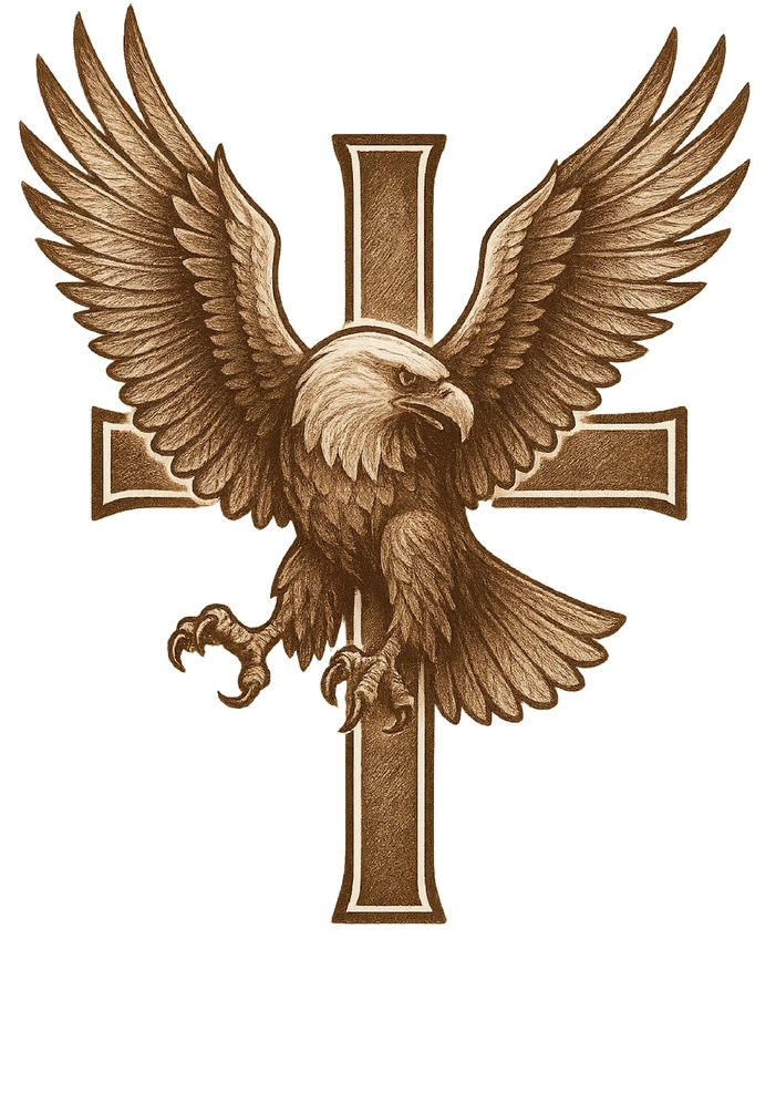 Tattoovorlage Adler auf Kreuz mit ausgebreiteten Flügeln