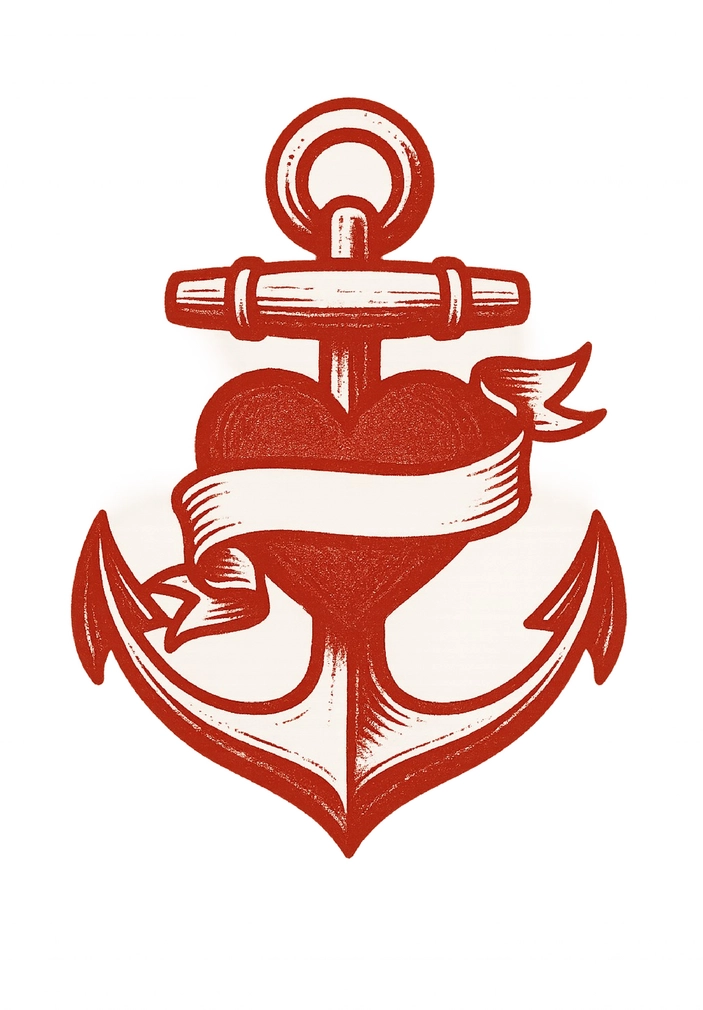 Tattoovorlage Anker mit Herz und Banner in Rot