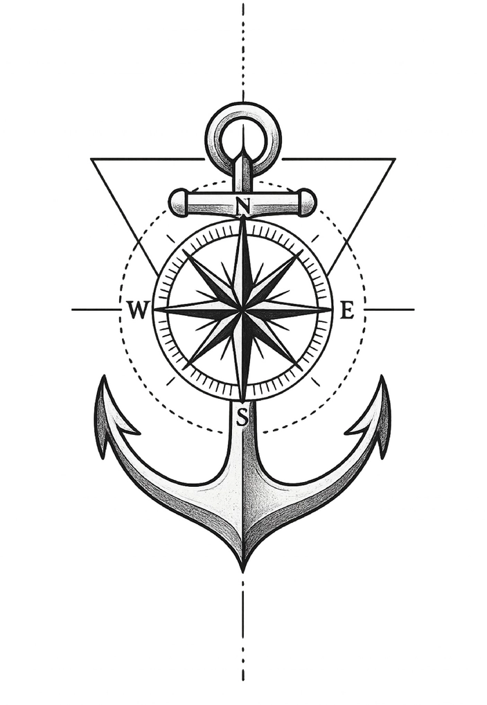 Tattoovorlage Anker mit Kompass und geometrischen Linien