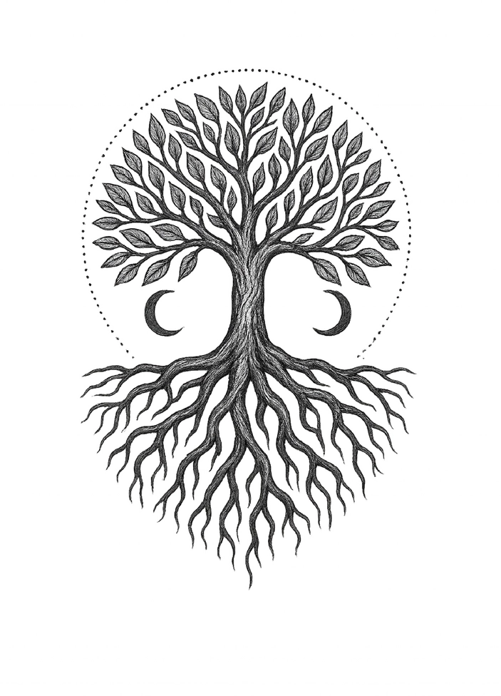 Tattoovorlage Baum des Lebens mit Wurzeln und Mond