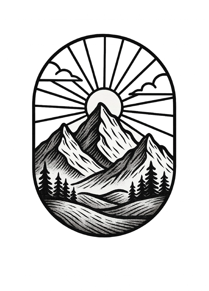 Tattoovorlage Bergpanorama mit Sonnenaufgang