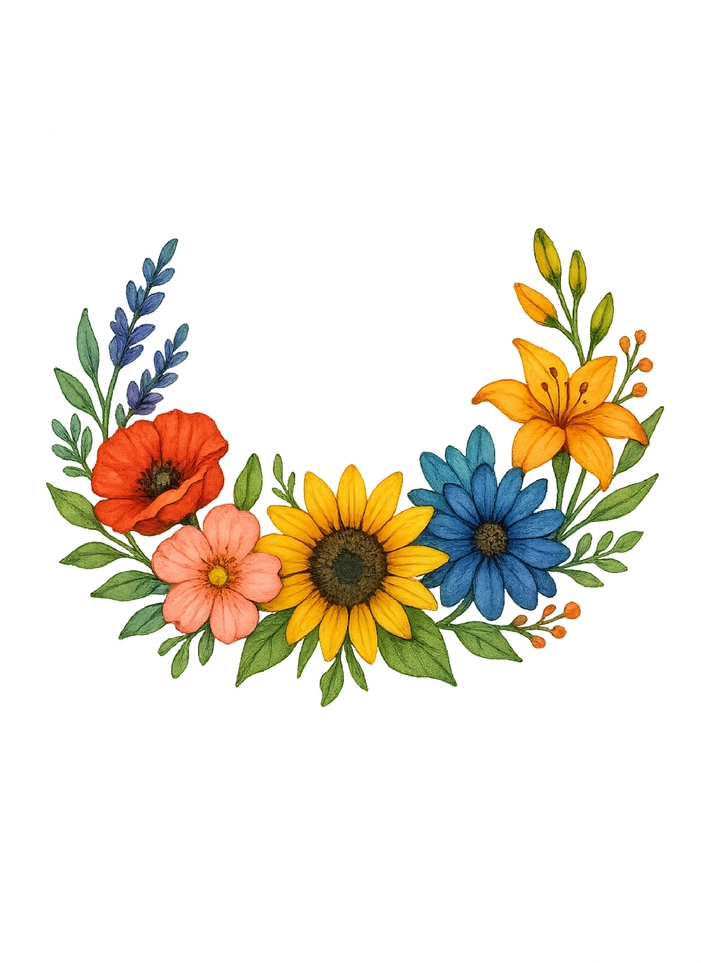 Tattoovorlage Bunte Blumenkrone mit verschiedenen Arten