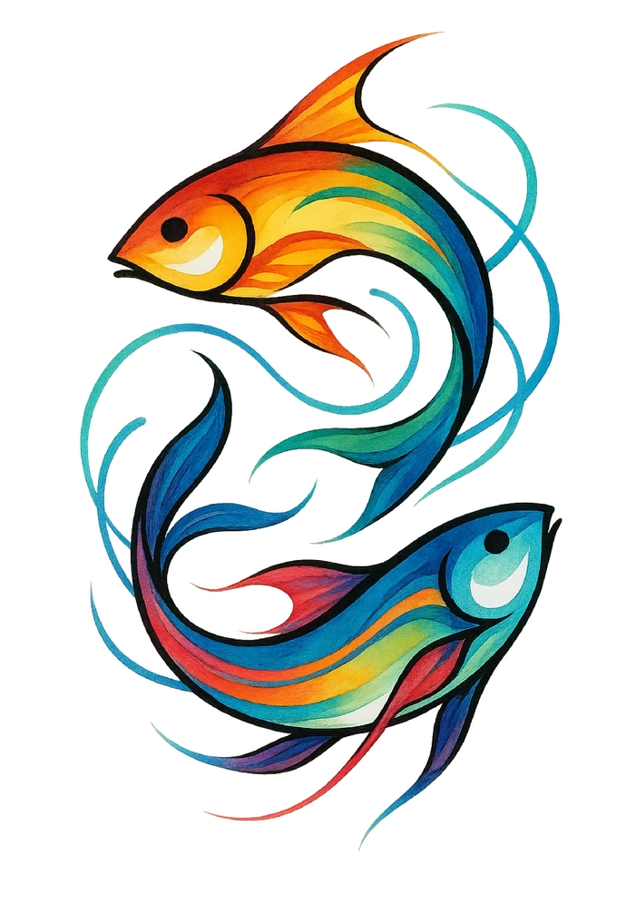 Tattoovorlage Bunte Fische in geschwungenen Linien