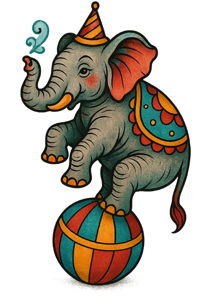 Bunte Tattoovorlage mit Elefant auf Ball