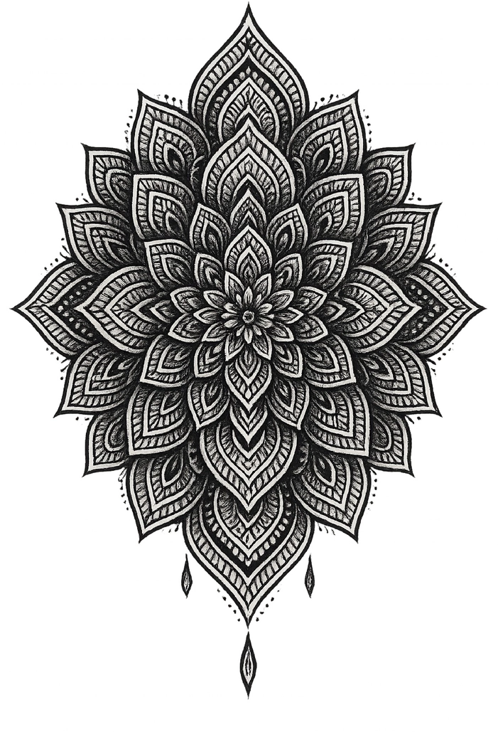 Tattoovorlage mit detailreichem Mandala für Wade und Unterschenkel