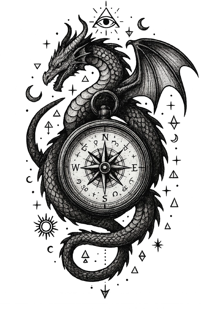Tattoovorlage Drache mit Kompass und mystischen Symbolen