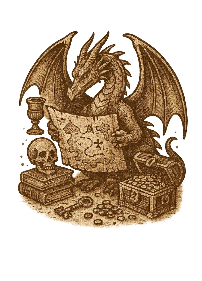 Tattoovorlage Drache mit Schatzkarte und Relikten