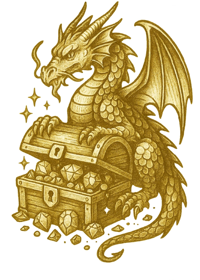 Tattoovorlage Drache mit Schatztruhe und funkelnden Edelsteinen
