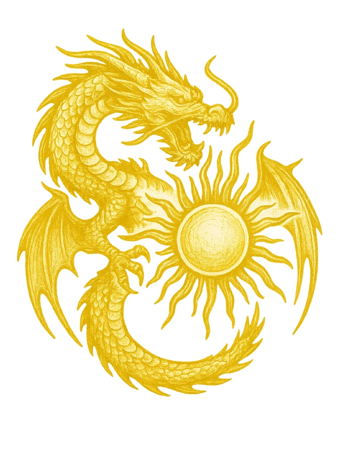 Tattoovorlage Drache umkreist Sonne mit Strahlen