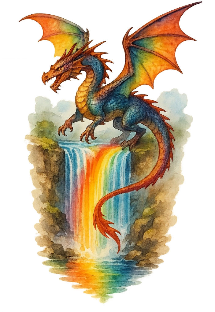 Tattoovorlage Drache über Wasserfall in Regenbogenfarben