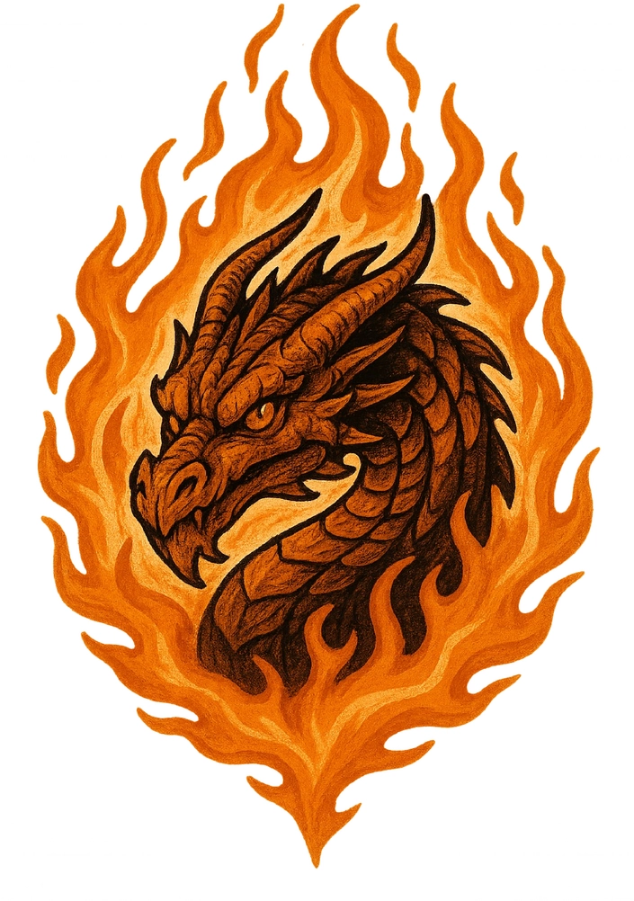 Tattoovorlage Drachen im Feuer mit intensiven Augen