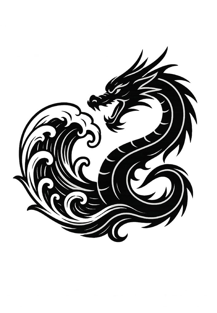Tattoovorlage Drachen mit Wellen Schwarz-Weiß für Steißbein