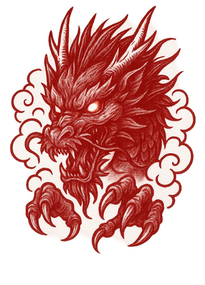 Tattoovorlage Drache mit leuchtenden Augen und scharfen Krallen
