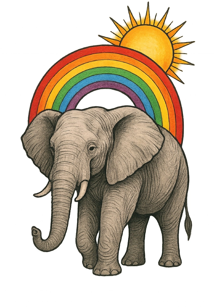 Tattoovorlage Elefant mit buntem Regenbogen und Sonne