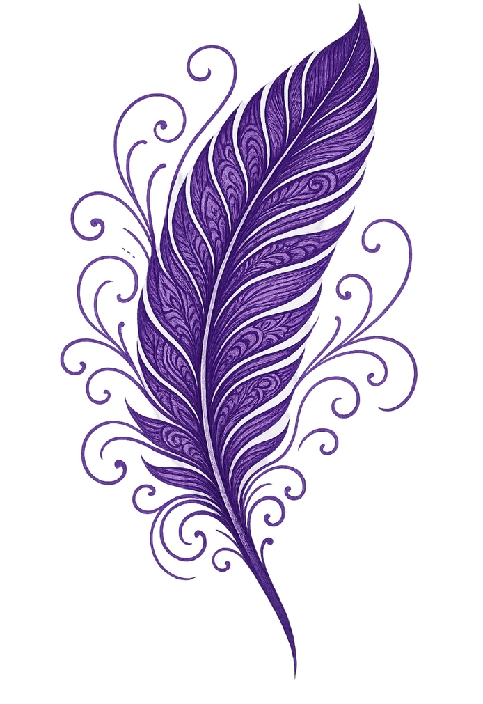 Tattoovorlage elegante lila Feder mit geschwungenen Linien