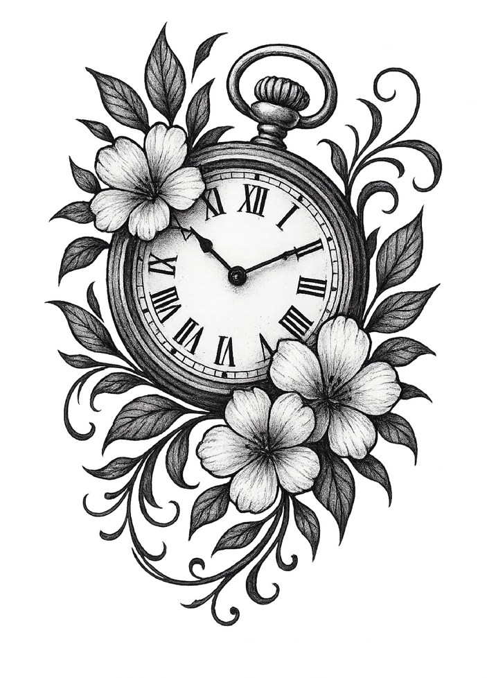 Tattoovorlage Uhr mit floralen Elementen und Ranken