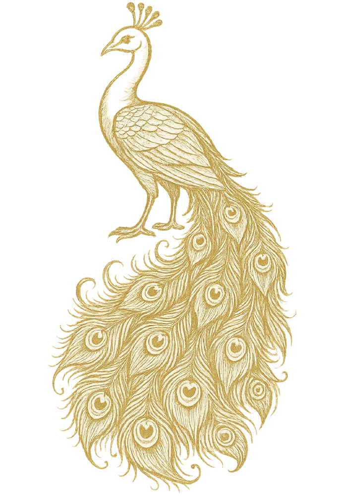 Tattoovorlage Eleganter Pfau mit Detaillierten Federn für Oberschenkel