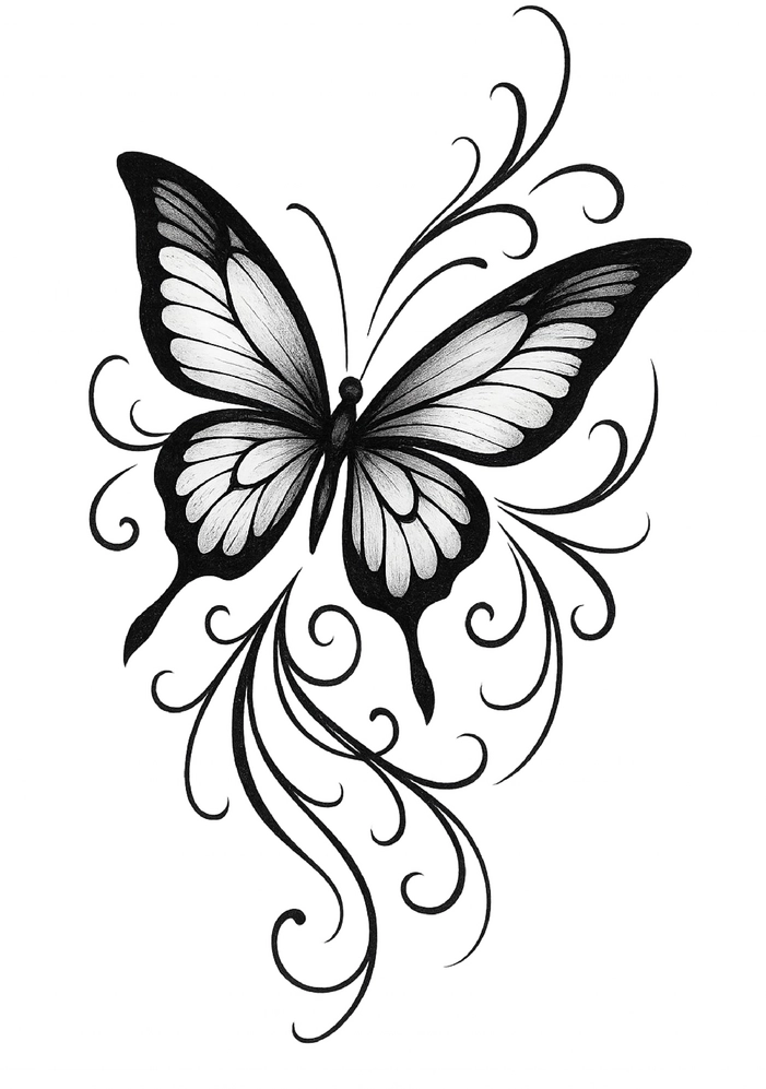 Tattoovorlage eleganter Schmetterling mit geschwungenen Linien