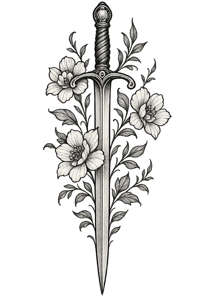 Tattoovorlage elegantes Schwert mit floralen Verzierungen