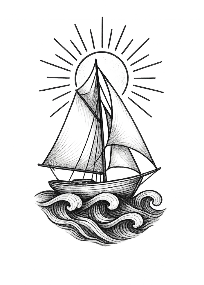 Tattoovorlage Segelboot Wellen Sonne schwarz-weiß
