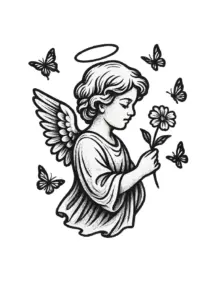 engel-mit-blume-und-schmetterlingen-schwarz-weiss-tattoo