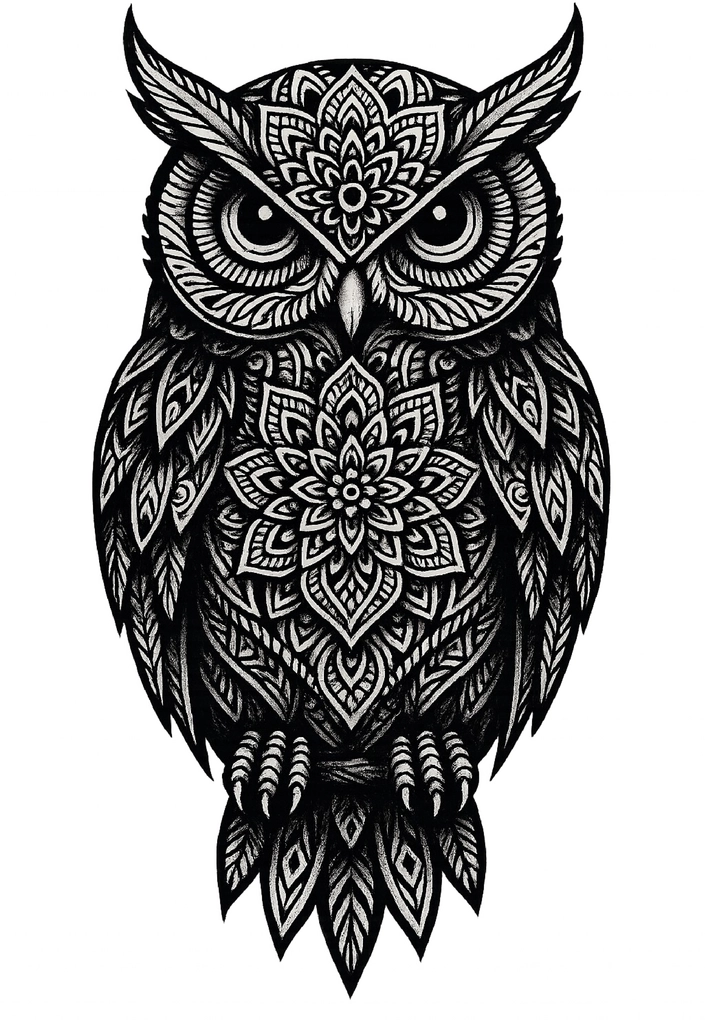 Tattoovorlage Eule mit Mandala-Muster für Frauen
