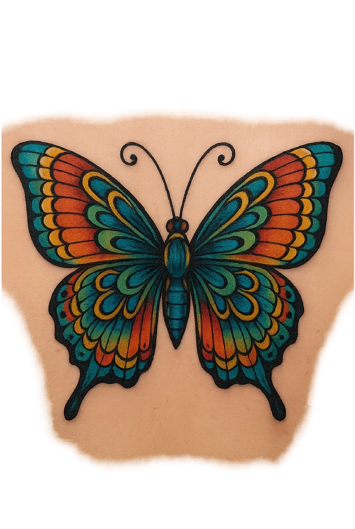 Tattoovorlage farbenfroher Schmetterling mit detaillierten Flügelmustern