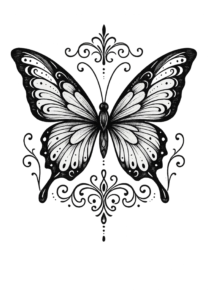 Tattoovorlage filigraner Schmetterling mit Ornamenten schwarz-weiß