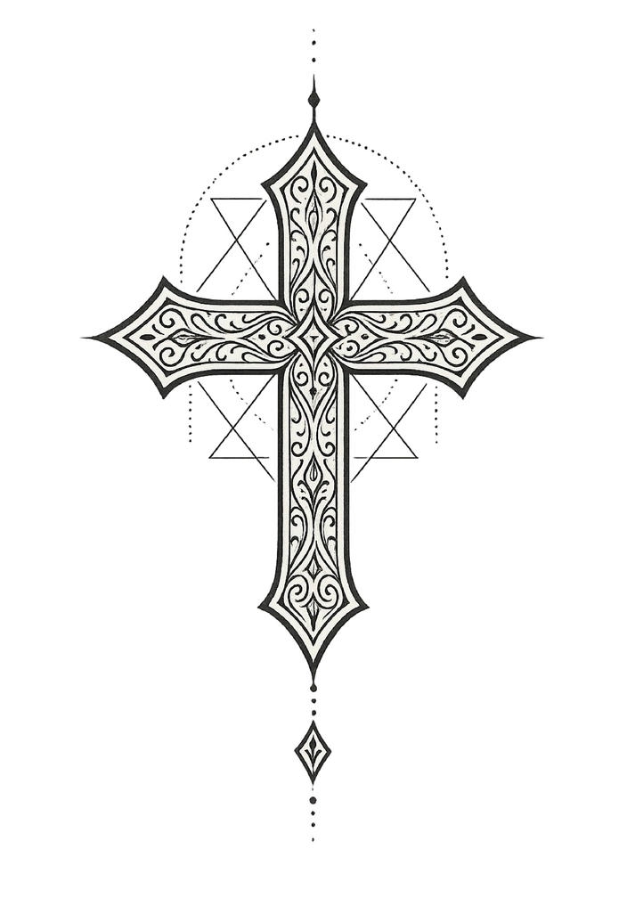 Tattoovorlage filigranes geometrisches Kreuz mit Ornamenten