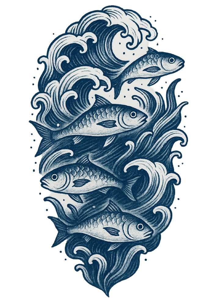 Tattoovorlage mit Fischen und Wellen für Oberarm