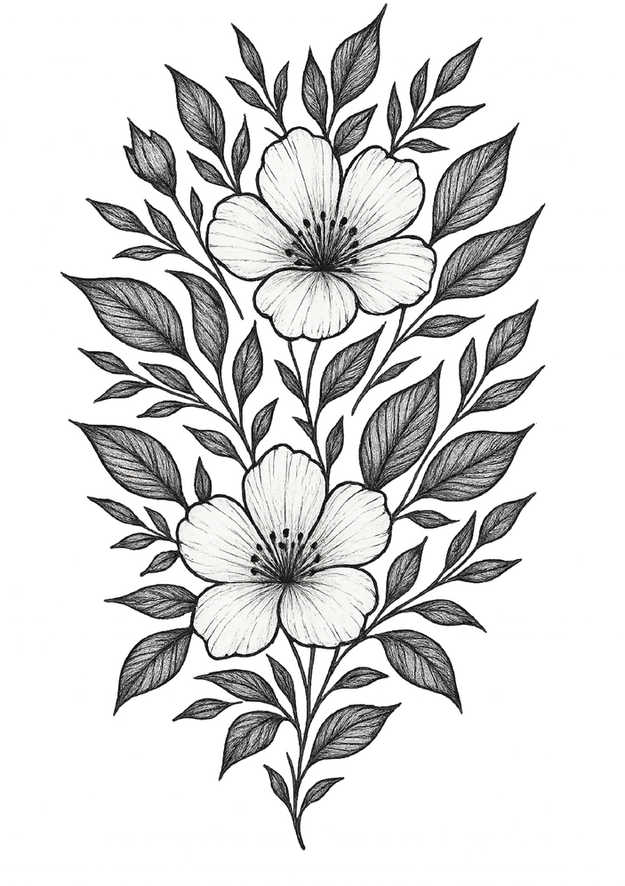 Tattoovorlage mit floralen Elementen und Blüten für Oberschenkel