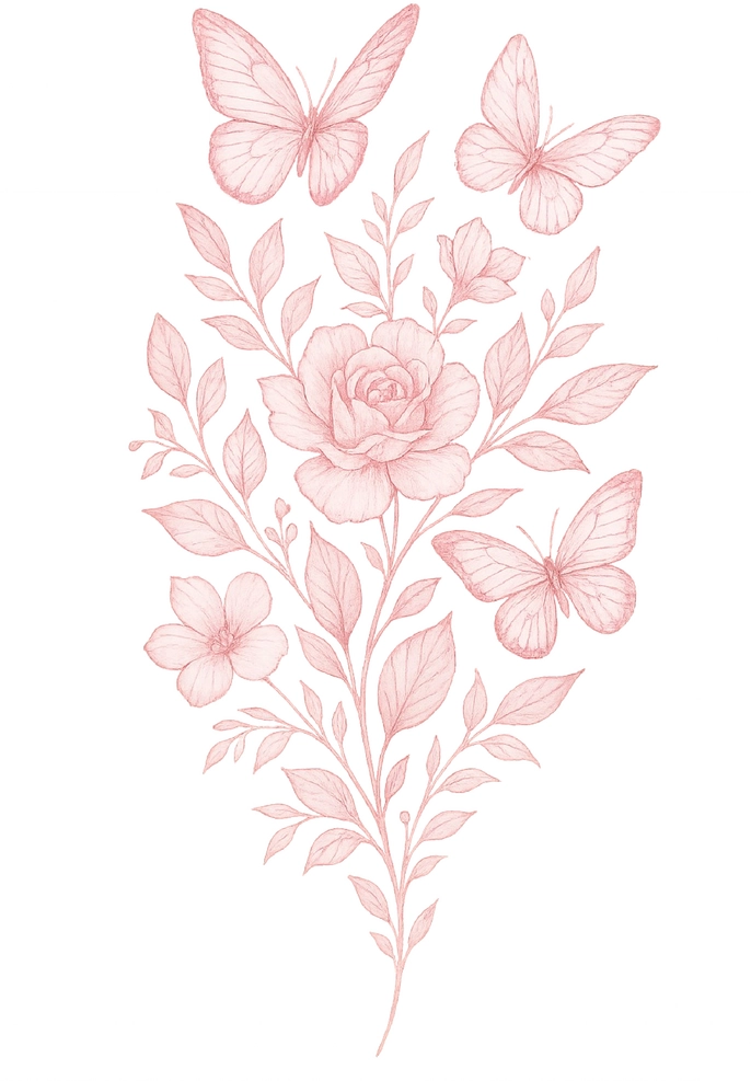Tattoovorlage florale Komposition mit Schmetterlingen und Rose