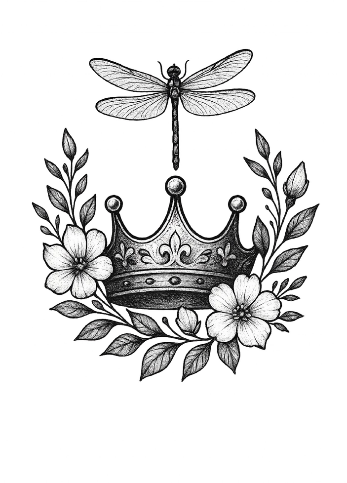 Tattoovorlage - Florale Krone mit Libelle und Blüten