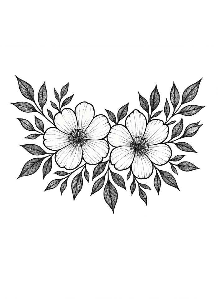 Tattoovorlage mit floralen Blüten und Blättern für die Brust