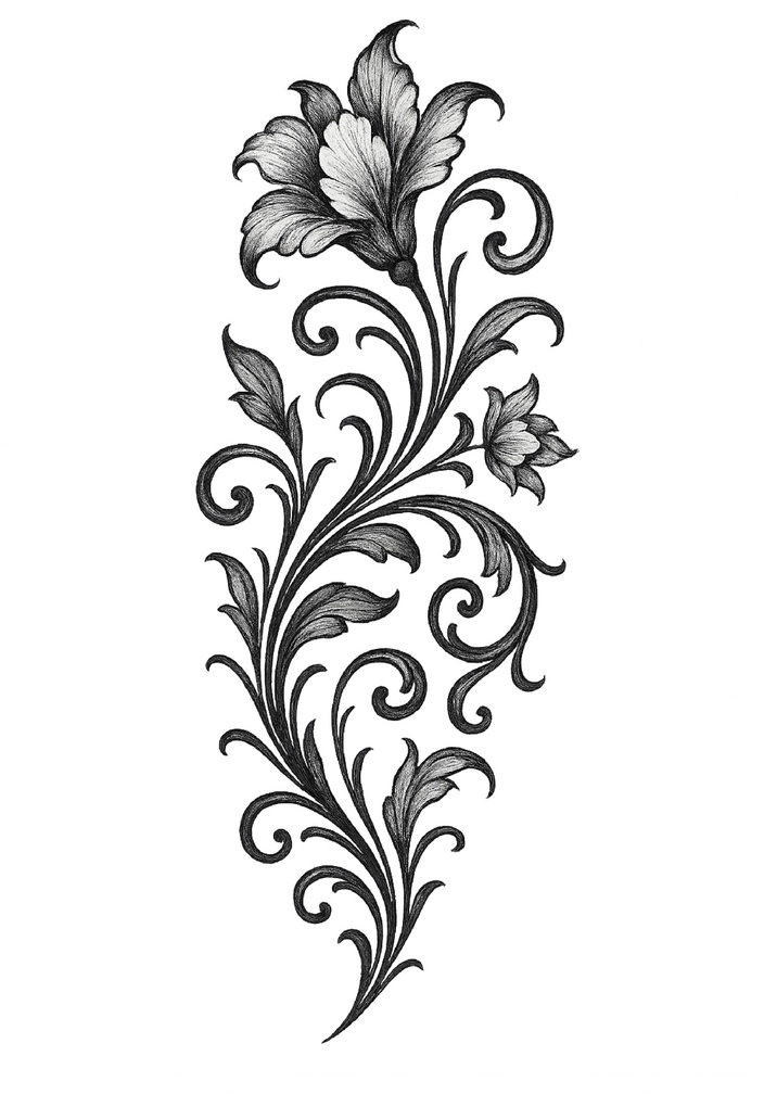 Tattoovorlage mit floralen Ornamenten und geschwungenen Linien