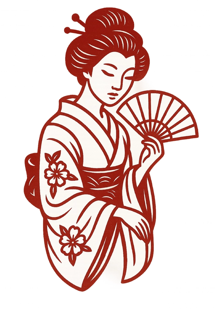 Tattoovorlage Geisha im traditionellen Kimono mit Fächer