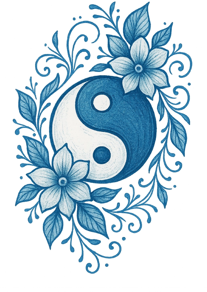 Tattoovorlage harmonisches Yin-Yang-Symbol mit floralen Akzenten