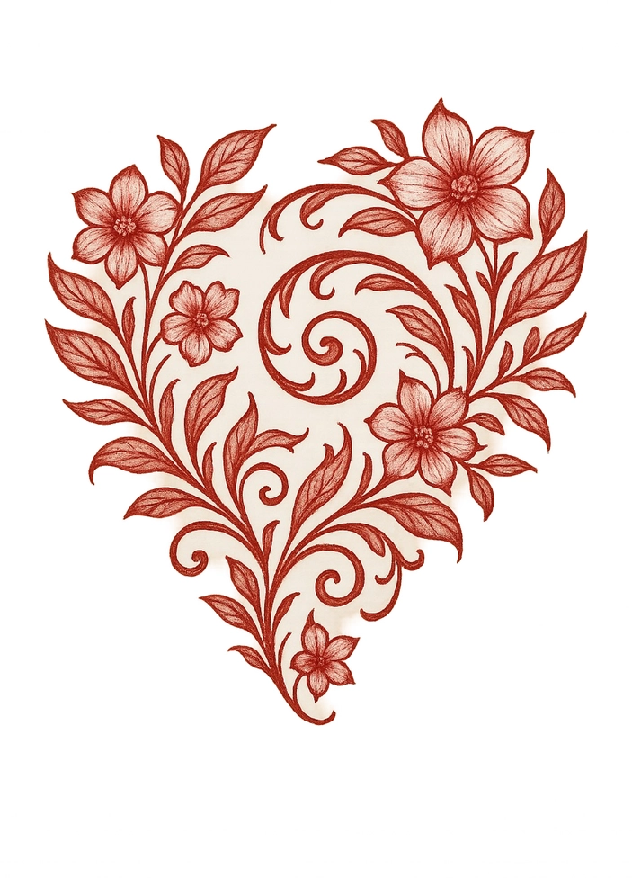 Tattoovorlage Herz mit floralen Mustern und Blüten in rot