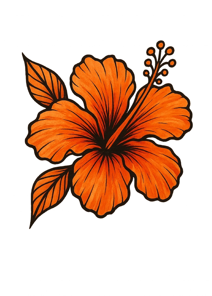 Tattoovorlage Hibiskusblüte in Orange mit Blättern