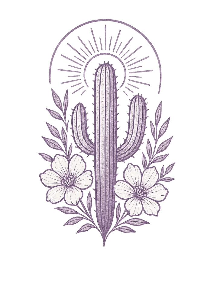 Tattoovorlage Kaktus mit floralen Akzenten und Sonne