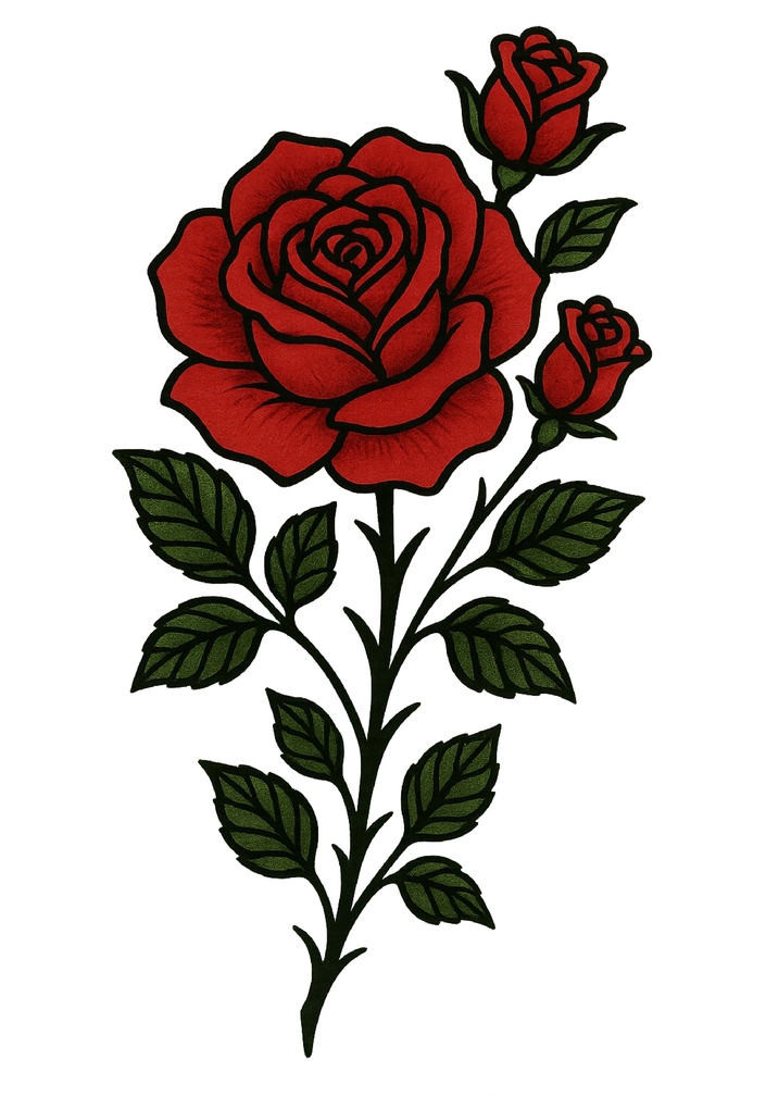 Tattoovorlage mit klassischem Rosenmotiv und Stielen