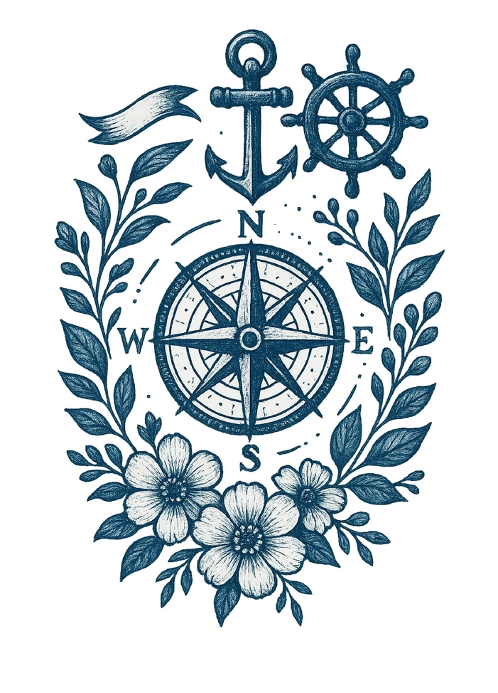 Tattoovorlage Kompass mit Anker und floralen Akzenten