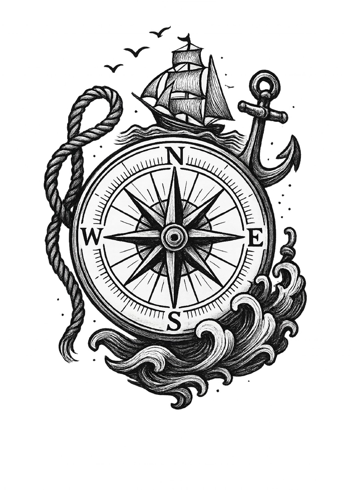 Tattoovorlage Kompass mit Anker und Schiff in Schwarz-Weiß