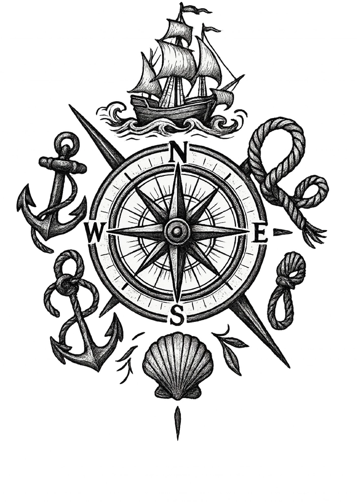 Tattoovorlage Kompass mit nautischen Symbolen für Abenteurer