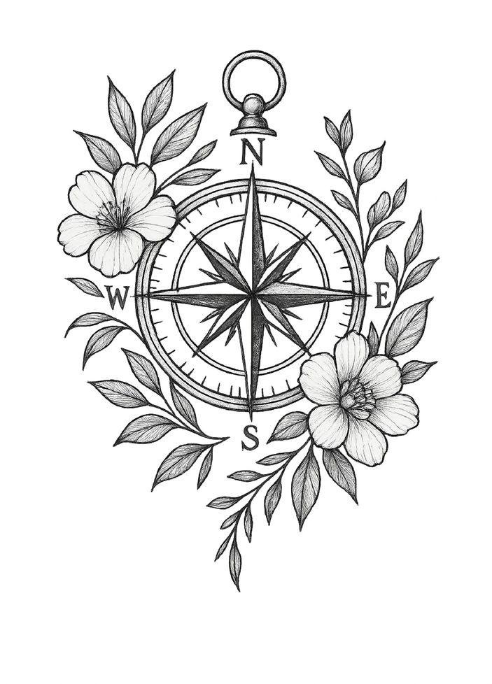 Tattoovorlage Kompass mit floralen Akzenten für Frauen