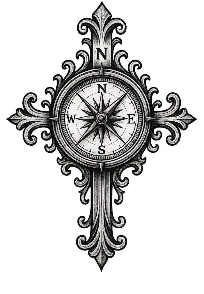 Tattoovorlage Kompass mit eleganten Verzierungen