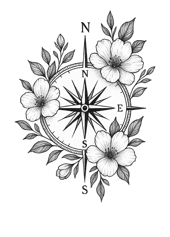 Tattoovorlage Kompass mit floralen Akzenten
