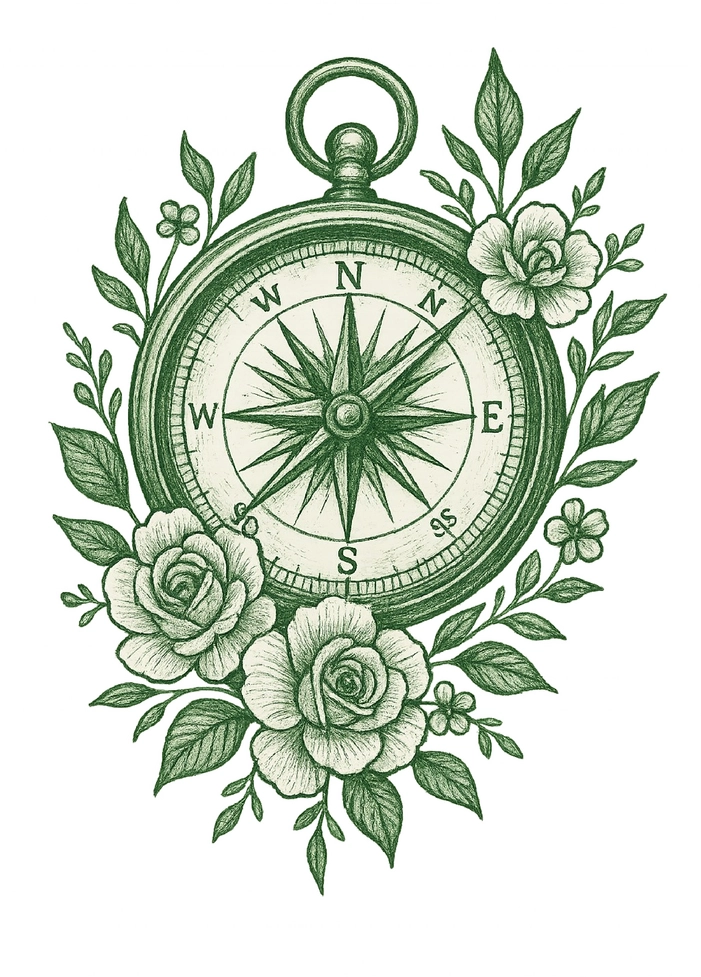 Tattoovorlage Kompass mit floralen Rosen Akzenten