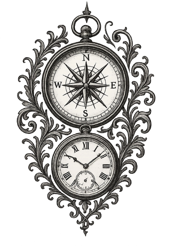 Tattoovorlage Kompass mit kunstvollen Verzierungen und Uhr