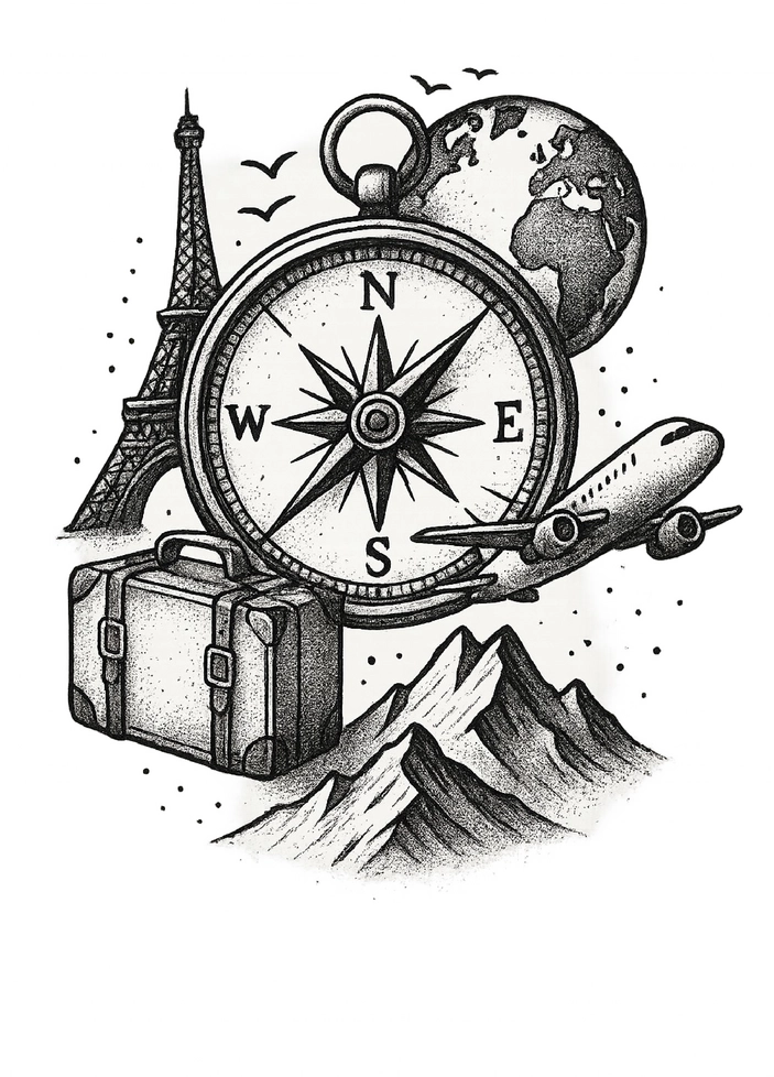 Tattoovorlage Kompass mit Reisemotiven und Eiffelturm
